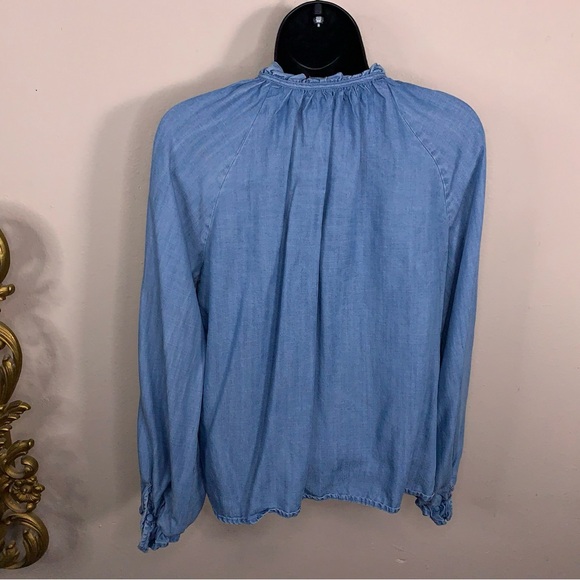 XS Who What Wear Blue Lyocell Long Sleeve Top Ruffle Accents Preppy - Picture 4 of 13